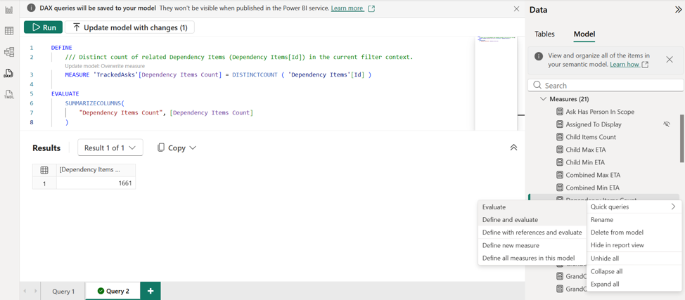 A measure description in DAX Query View